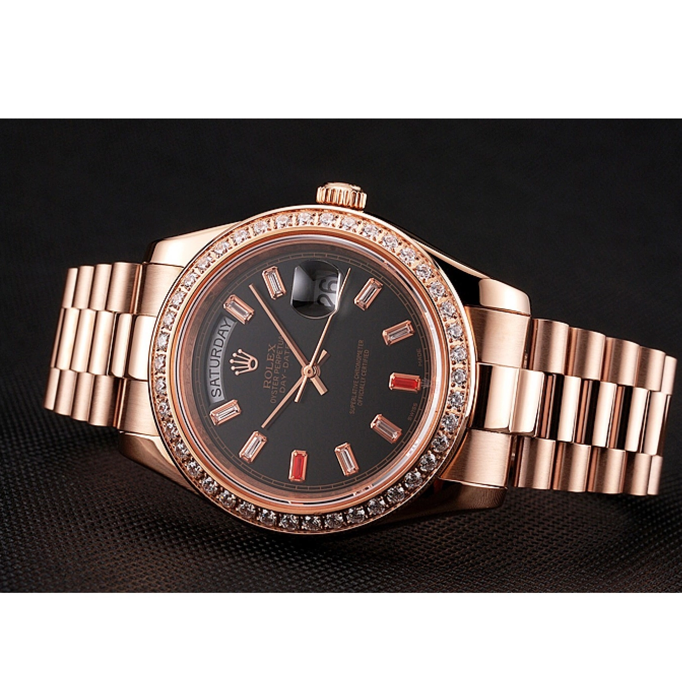 Rolex aaa copy Swiss Bracelet Rose 1454102 Rolex Diamonds Black Dial And Day-Date Rubies Gold 0627